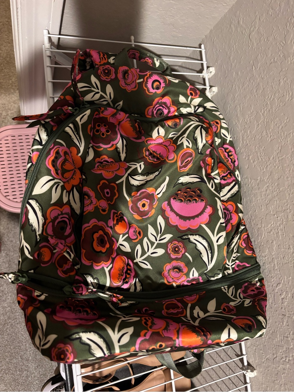 Vera Bradley Olive Backpack with Pink & Orange Floral Pattern